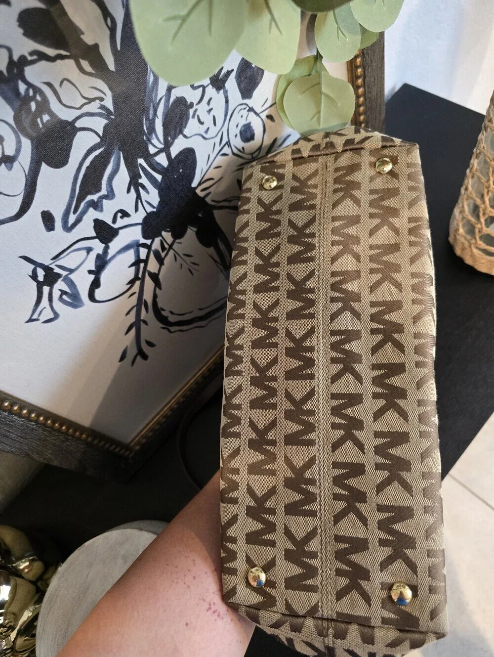 Michael Kors Jet Set Monogram Signature Canvas Gold Chain Strap Tote Bag